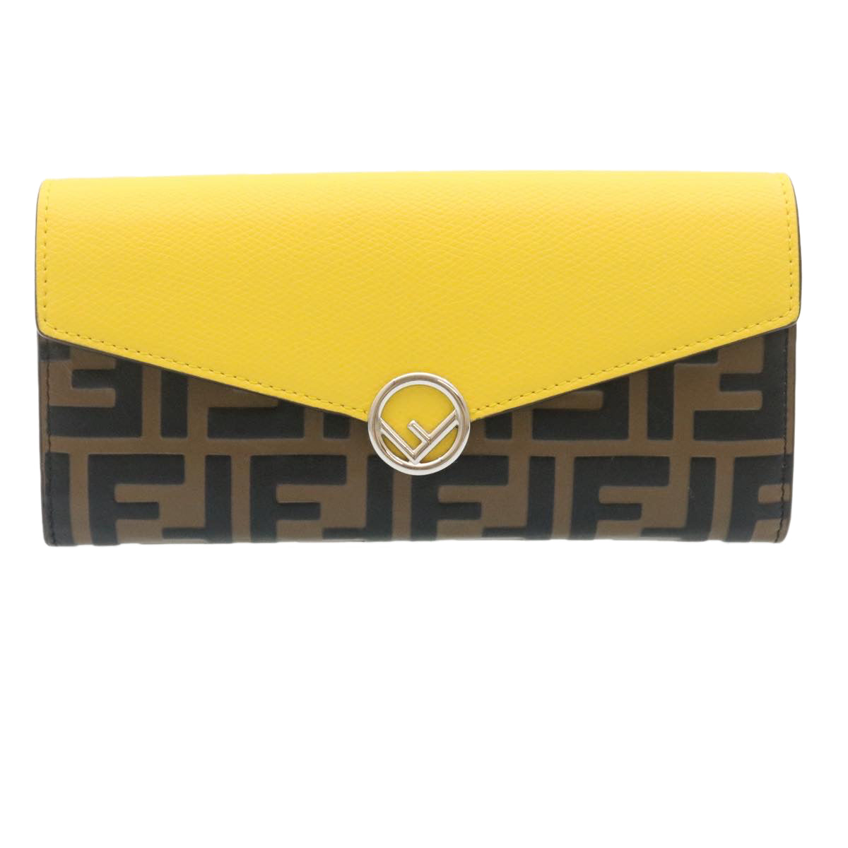 FENDI Zucca F is Continental Wallet Embossed Leather Yellow Brown 34531
