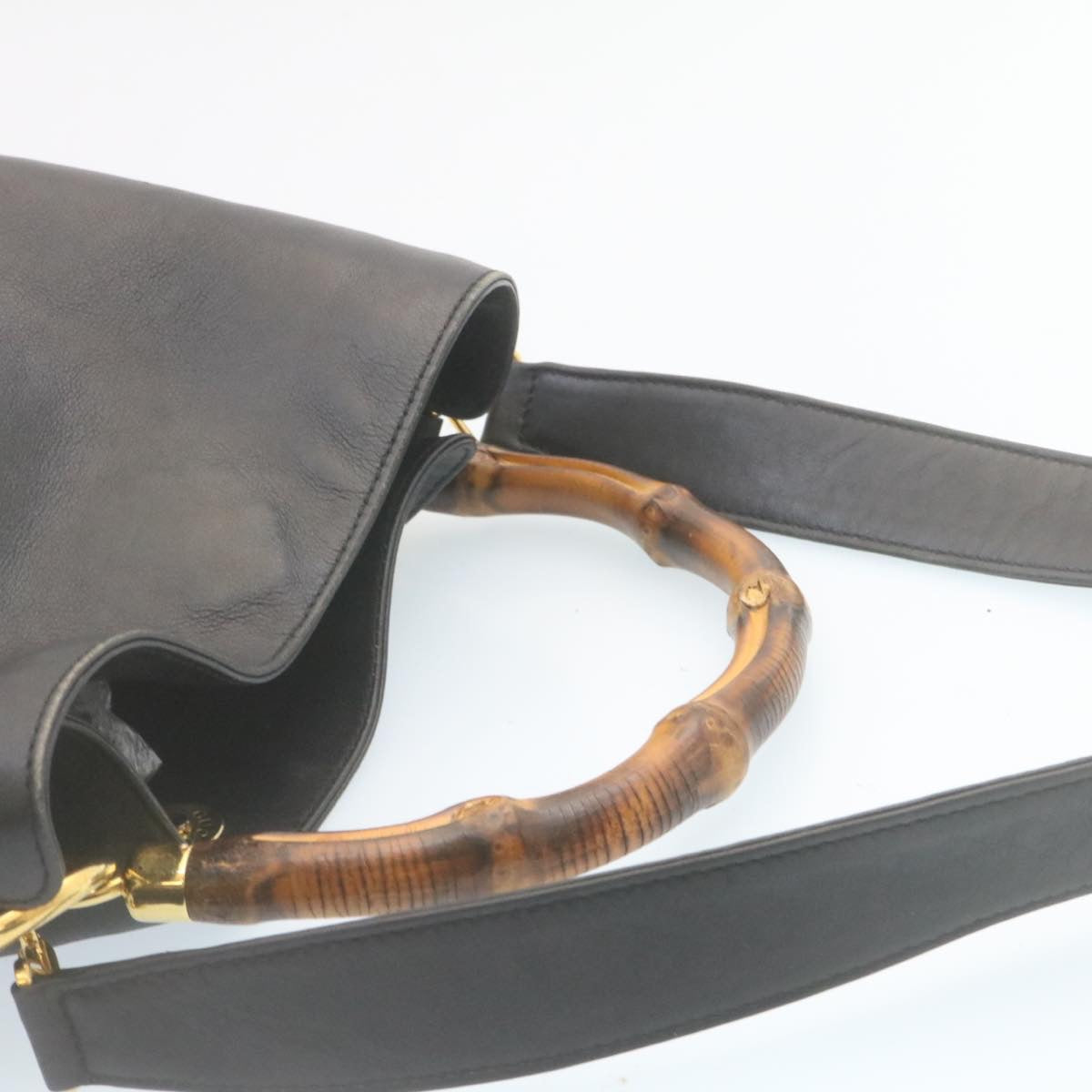 GUCCI Bamboo Hand Bag Leather 2Way Shoulder Bag Black ni086