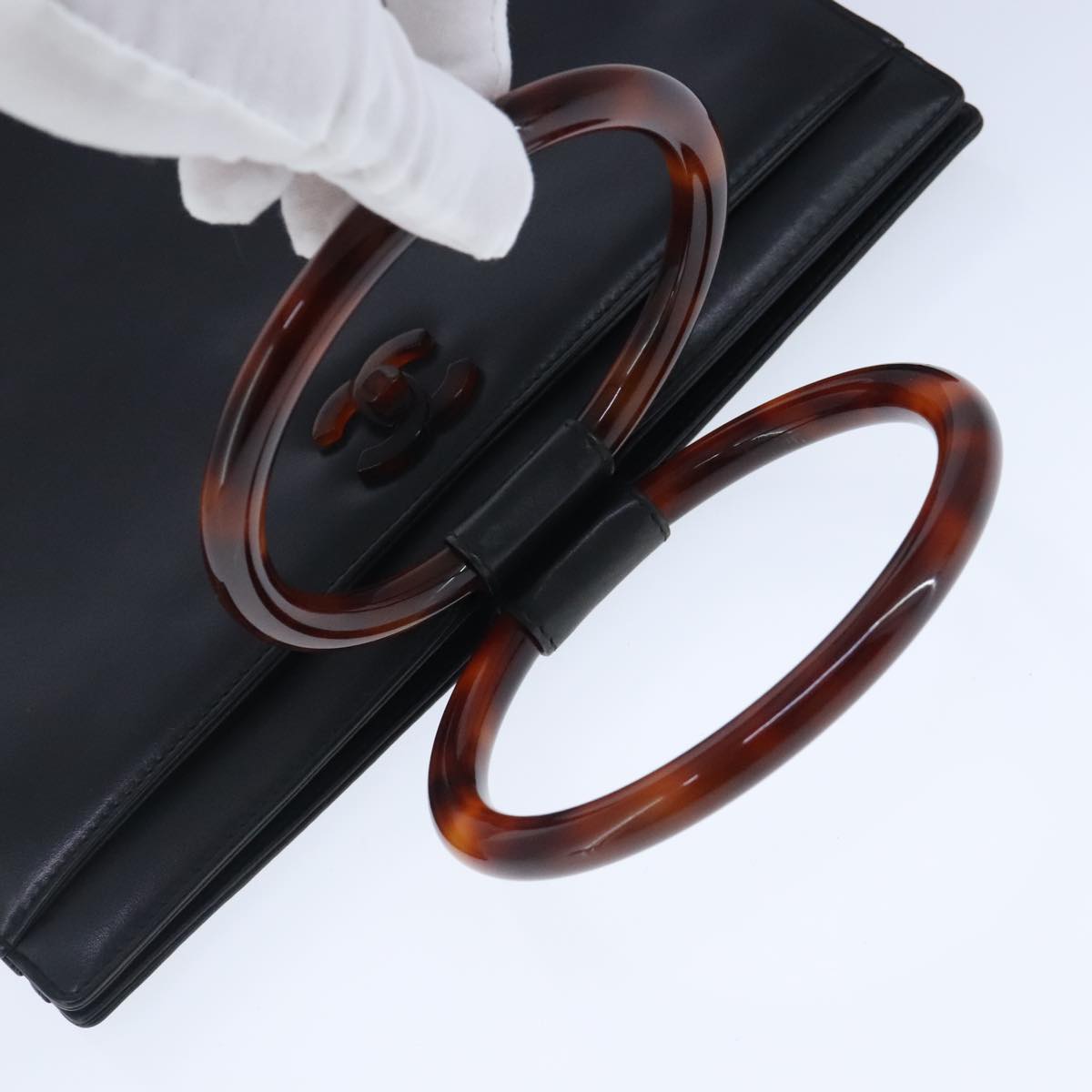 CHANEL Hand Bag Lamb Skin Black CC PP002