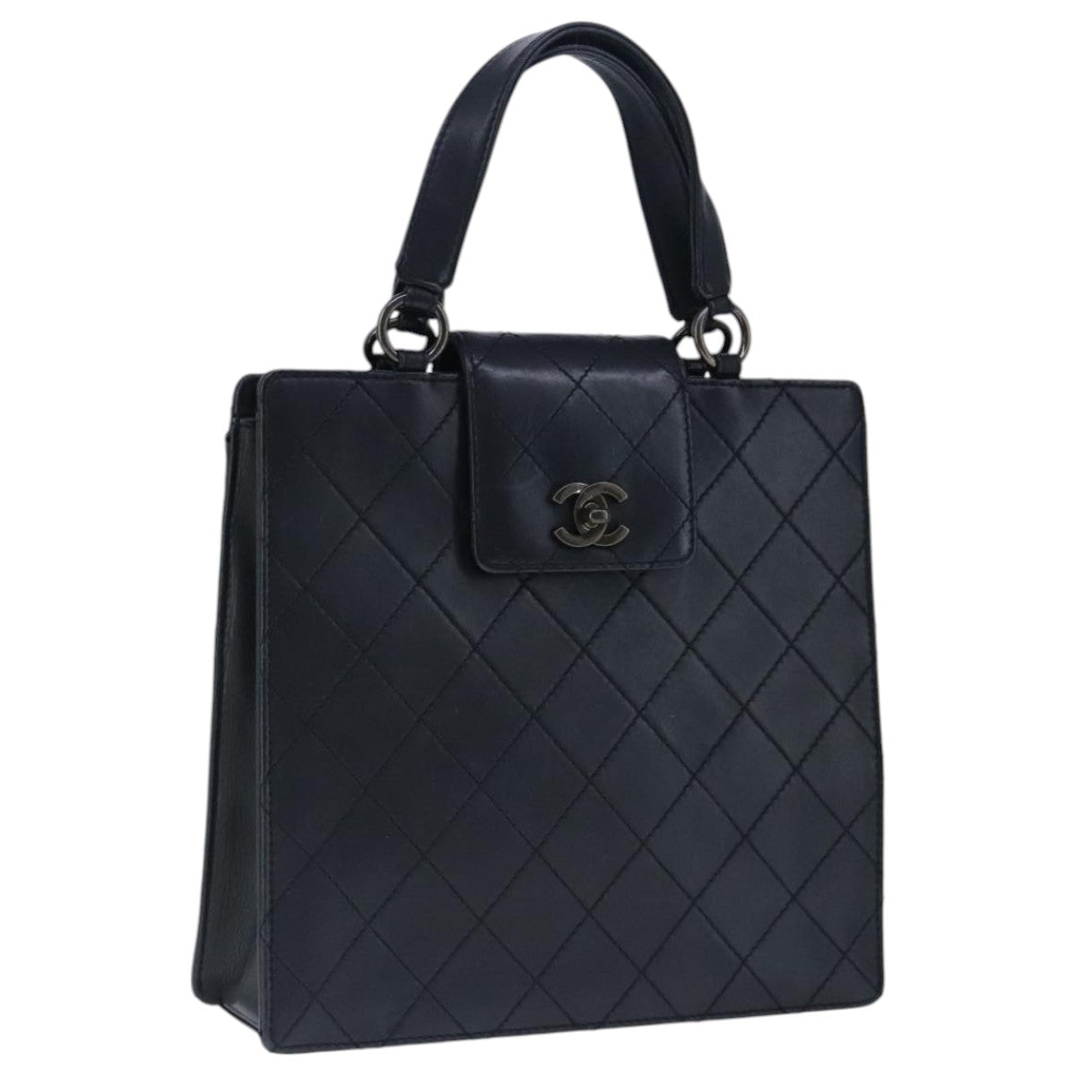 CHANEL Hand Bag Lamb Skin Black CC PP003