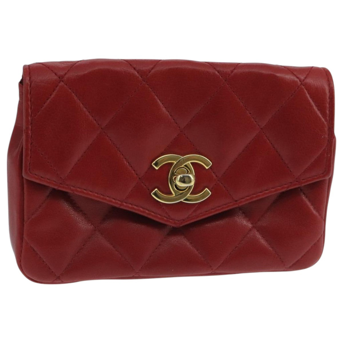 CHANEL Matelasse Waist bag Lamb Skin Red Gold CC PP033