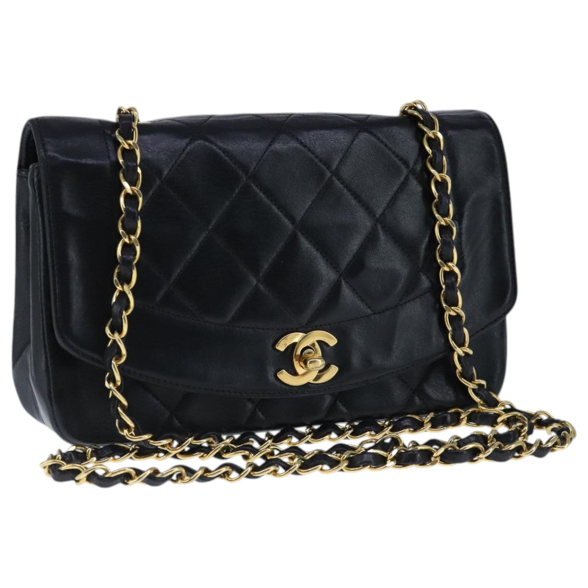 CHANEL Diana 22 Chain Shoulder Bag Lamb Skin Black Gold CC PP035