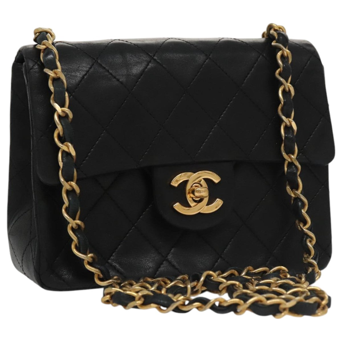 CHANEL Mini Materasse 17 Chain Shoulder Bag Lamb Skin Black Gold CC PP038