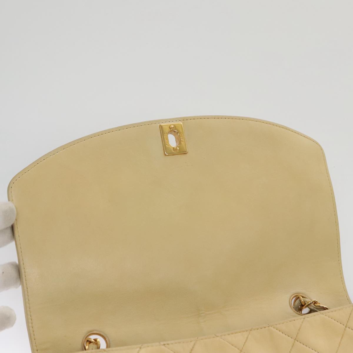 CHANEL Diana 25 Chain Shoulder Bag Lamb Skin Beige Gold CC PP039