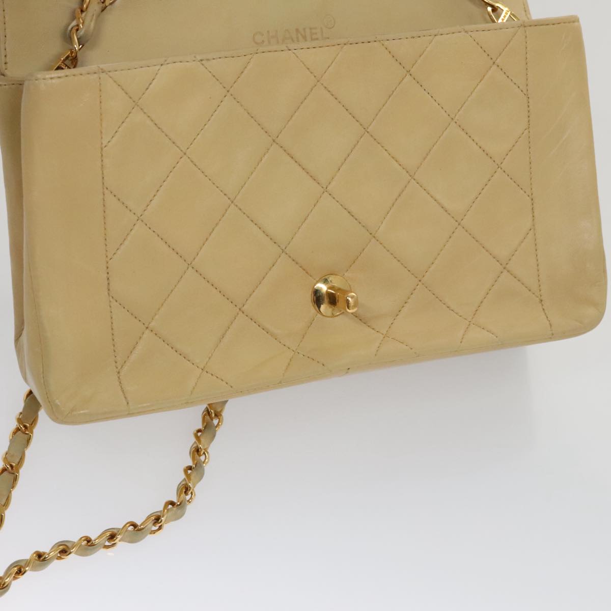 CHANEL Diana 25 Chain Shoulder Bag Lamb Skin Beige Gold CC PP039