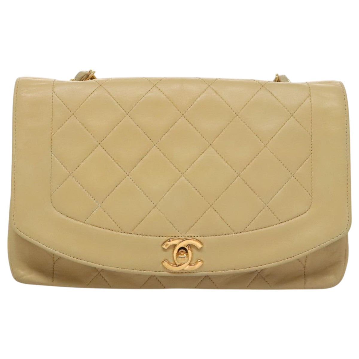 CHANEL Diana 25 Chain Shoulder Bag Lamb Skin Beige Gold CC PP039