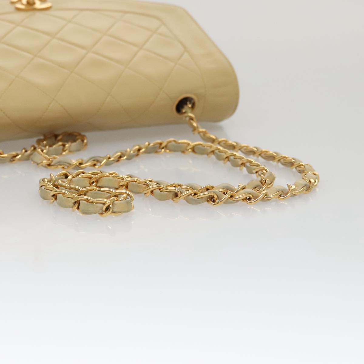 CHANEL Diana 25 Chain Shoulder Bag Lamb Skin Beige Gold CC PP039