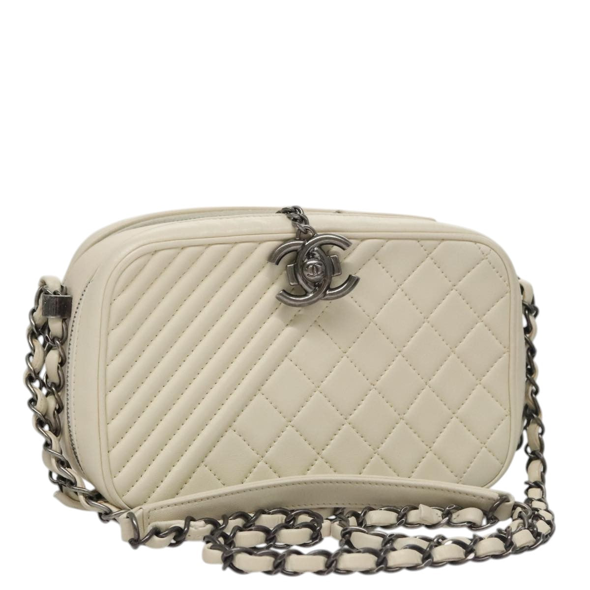 CHANEL Matelasse Chain Shoulder Bag Lamb Skin White CC PP060