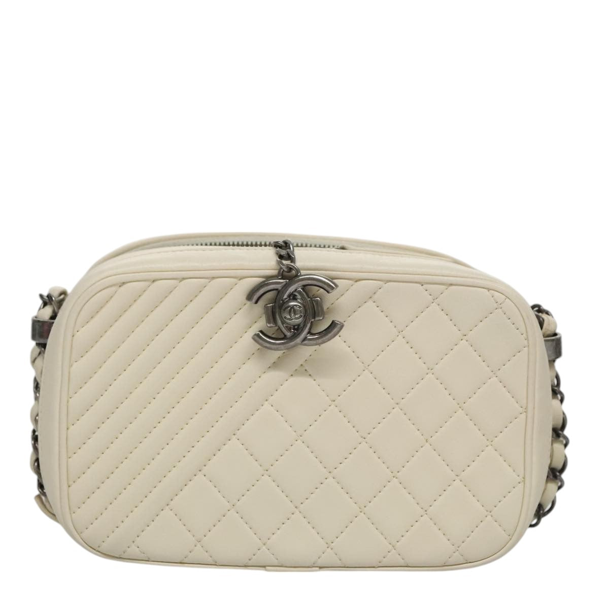 CHANEL Matelasse Chain Shoulder Bag Lamb Skin White CC PP060