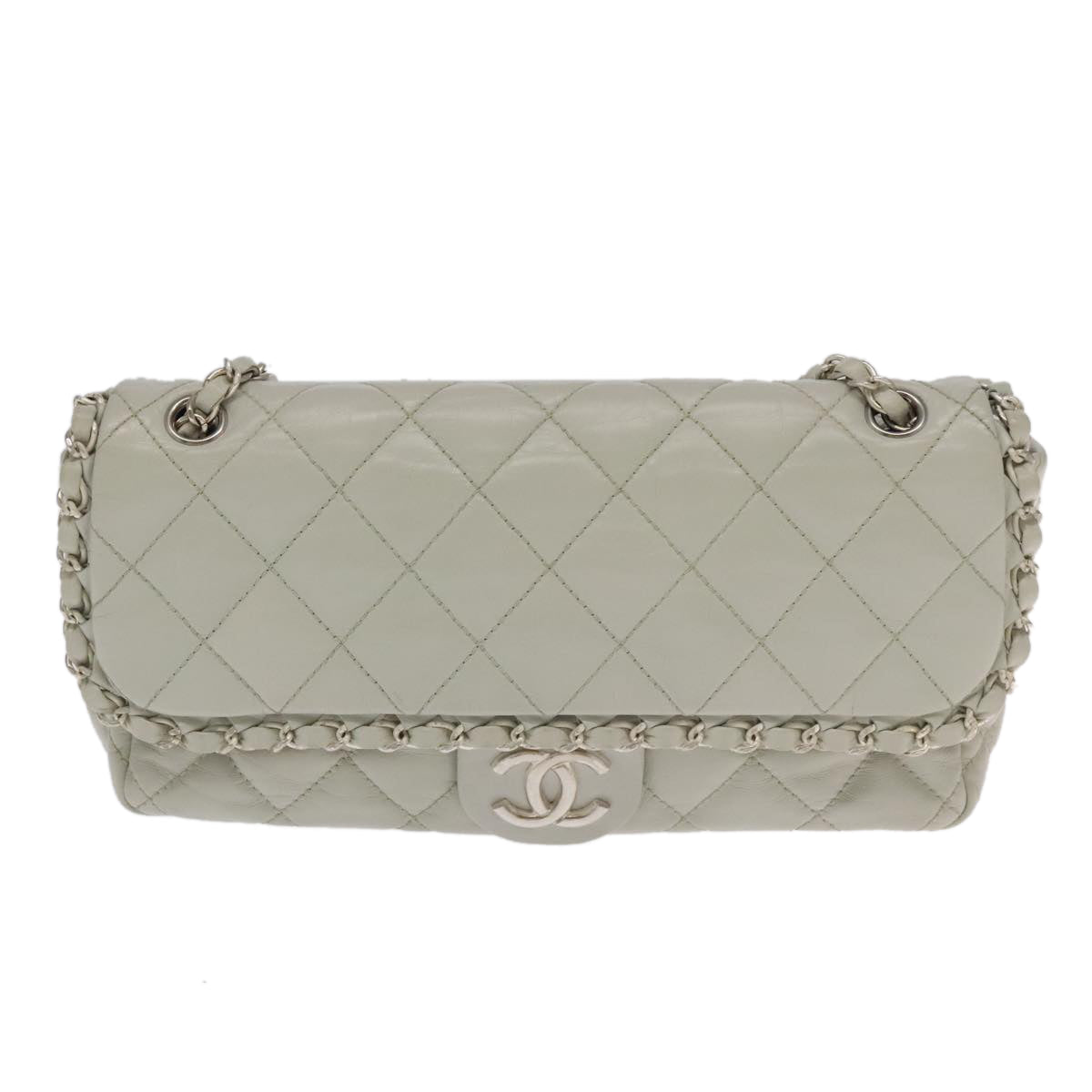 CHANEL Matelasse Chain Shoulder Bag Leather White Silver CC PP083