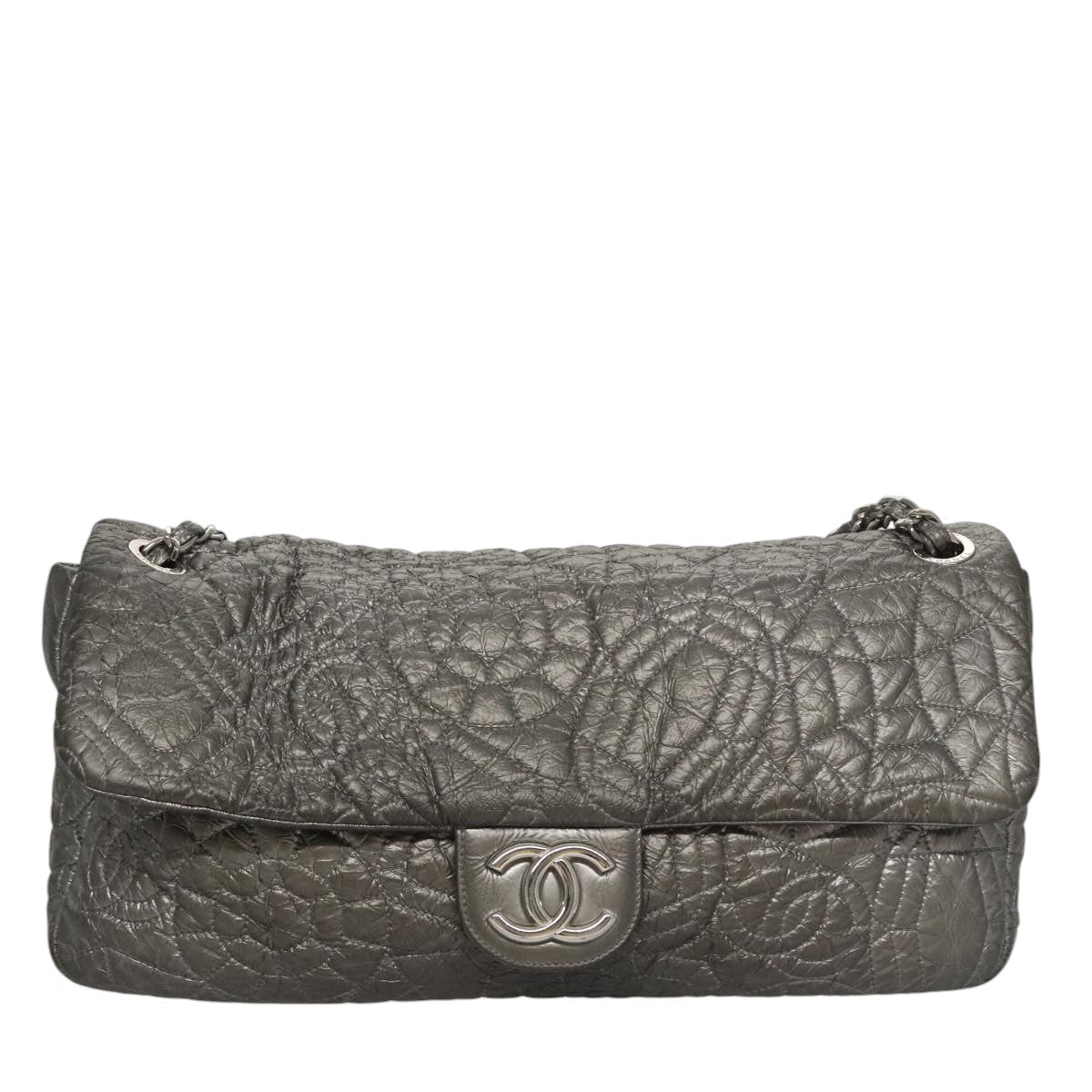 CHANEL Chain Shoulder Bag Nylon Gray Silver CC PP144