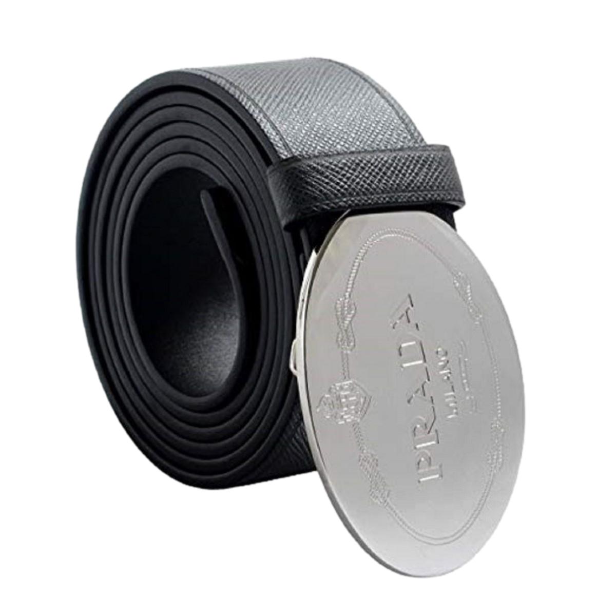 Prada Black Saffiano Leather Engraved Oval Plaque Buckle Size: 110/44 Belt 2CM046