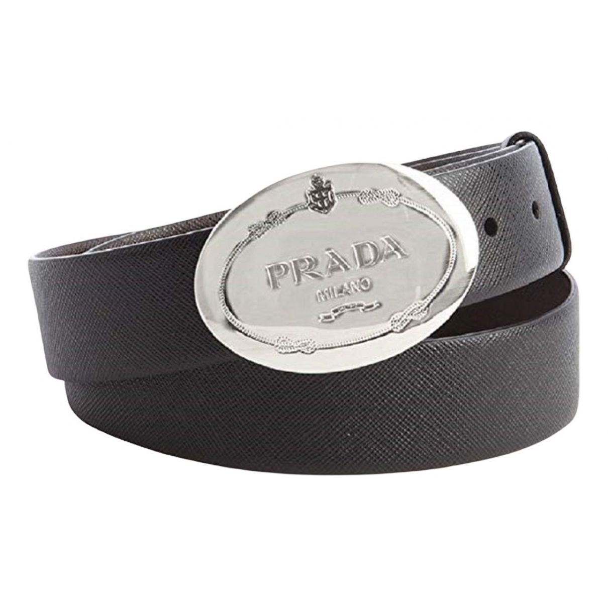 Prada Black Saffiano Leather Engraved Oval Plaque Buckle Size: 100/40 Belt 2CM046