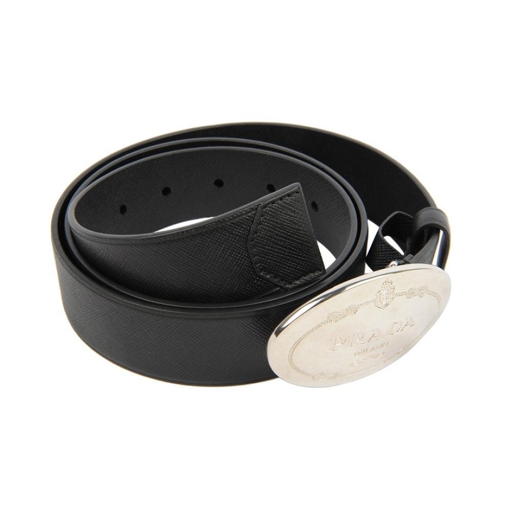 Prada Black Saffiano Leather Engraved Oval Plaque Buckle Size: 100/40 Belt 2CM046