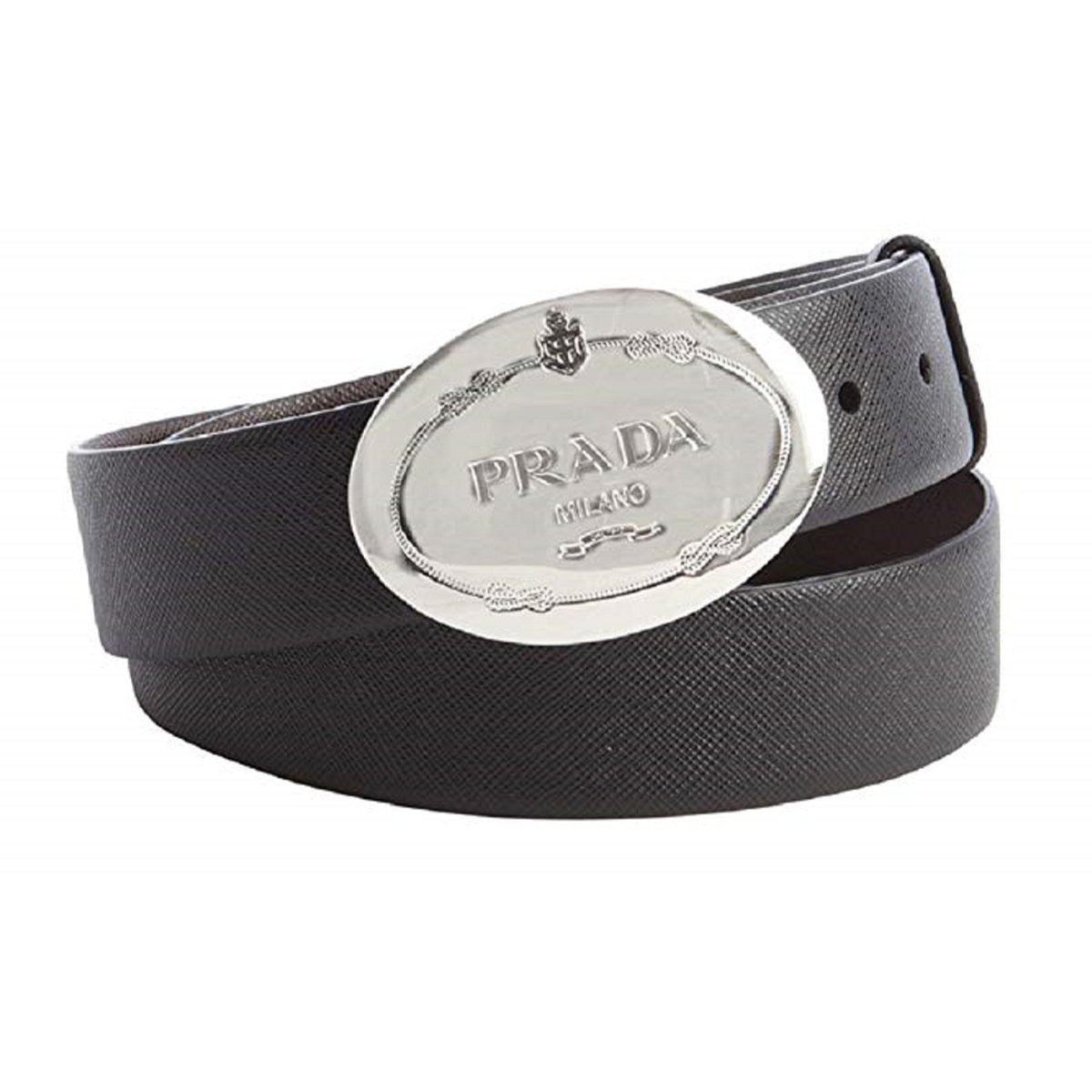 Prada Grey Saffiano Leather Engraved Oval Plaque Buckle Size: 105/42 Belt 2CM046