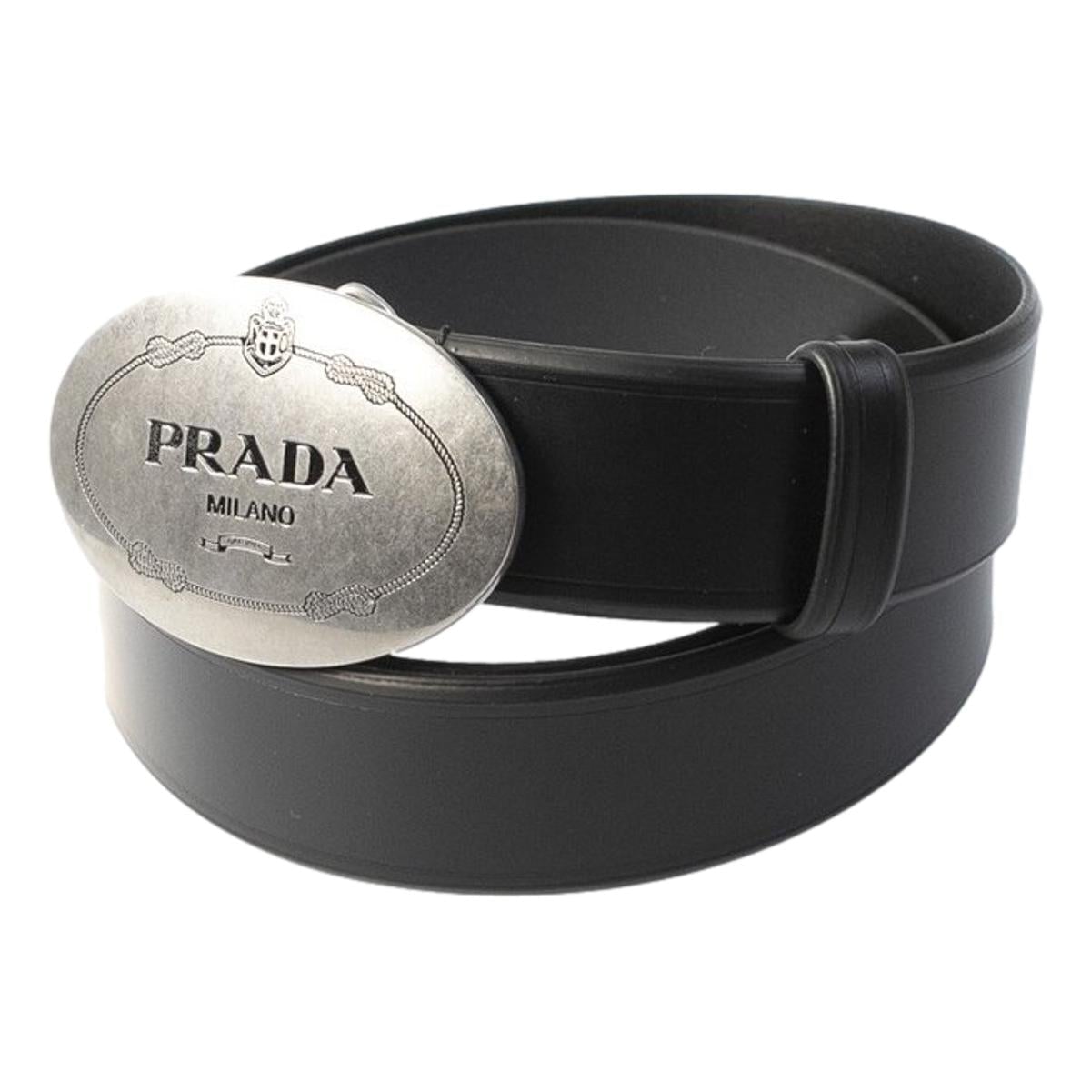 Prada Navy Blue Saffiano Leather Belt Brushed Silver Buckle 95/38 2CM046