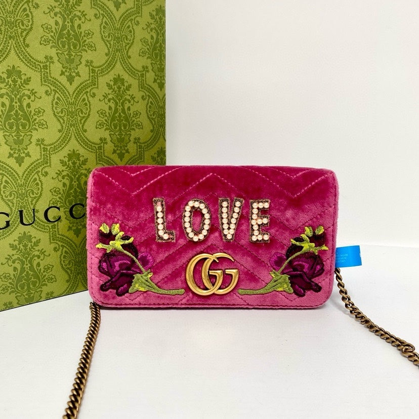 GLM-- GG Marmont Pink Velvet Love Embroidered Shoulder Bag