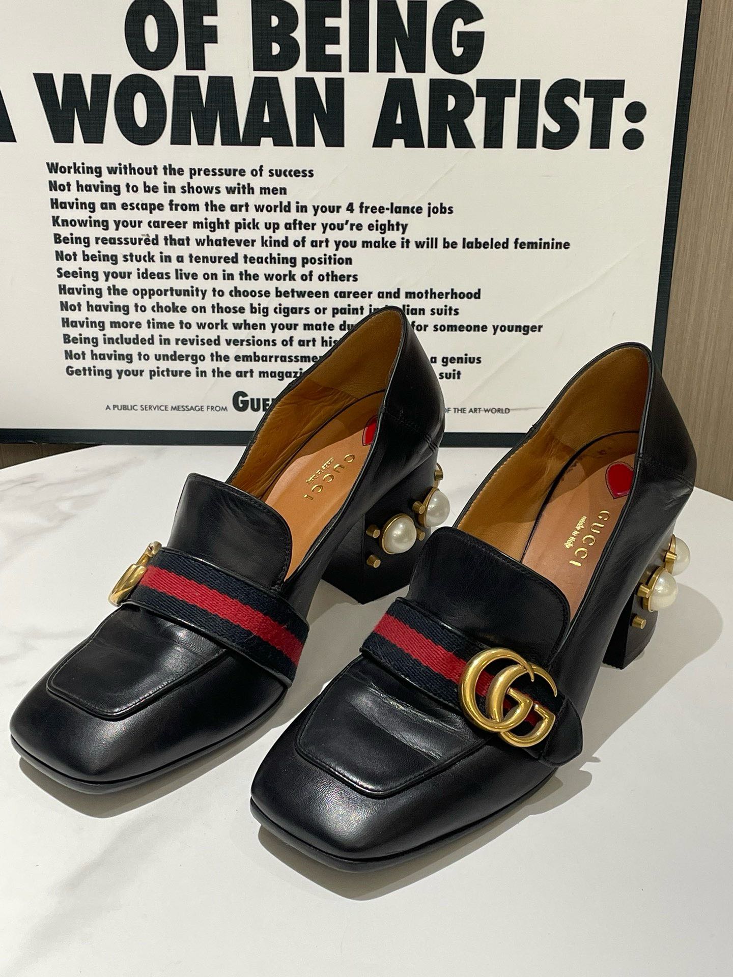 GLM-- Black Leather High Heel Loafer with Pearl Detail Size 37.5