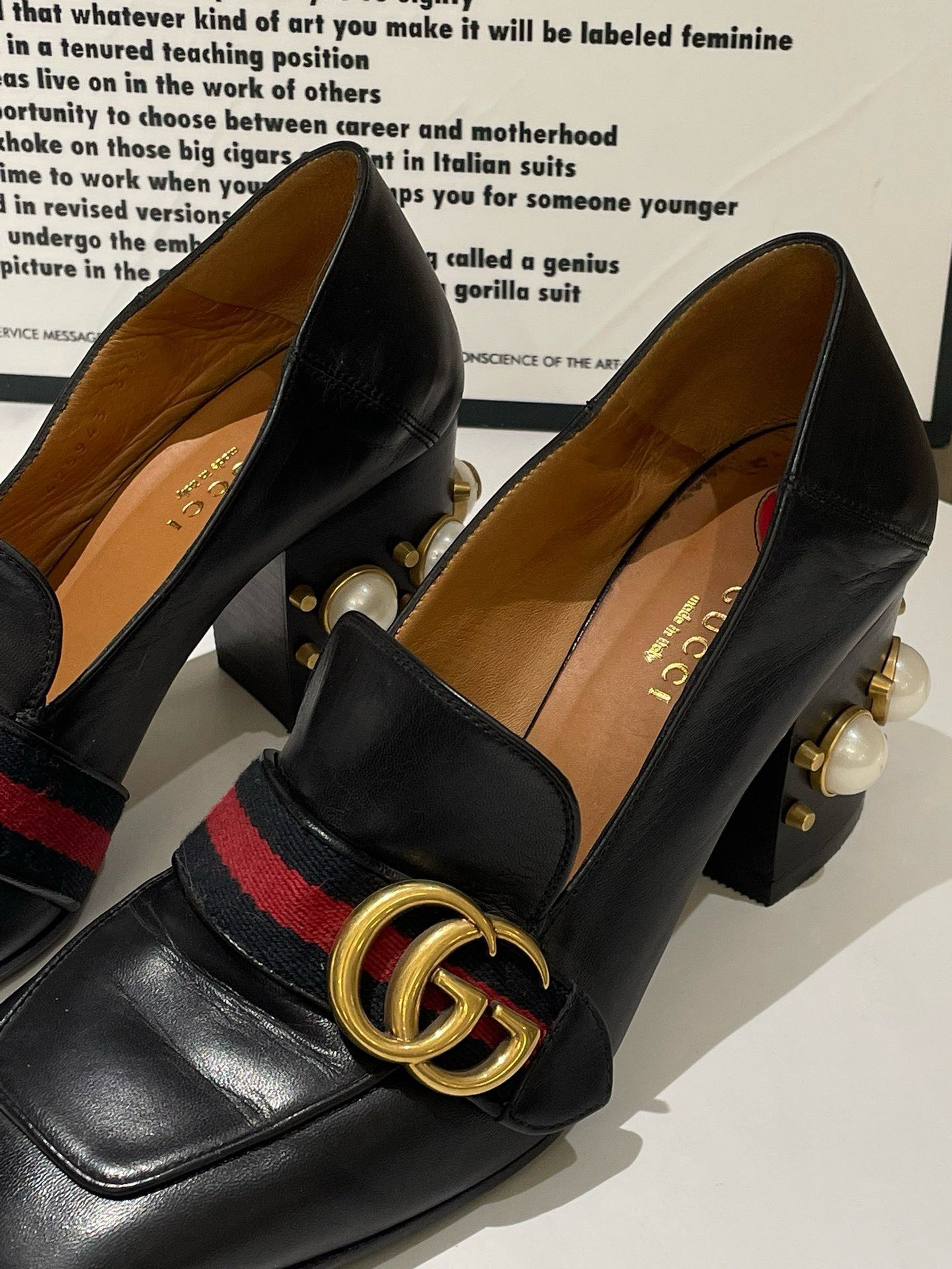 GLM-- Black Leather High Heel Loafer with Pearl Detail Size 37.5