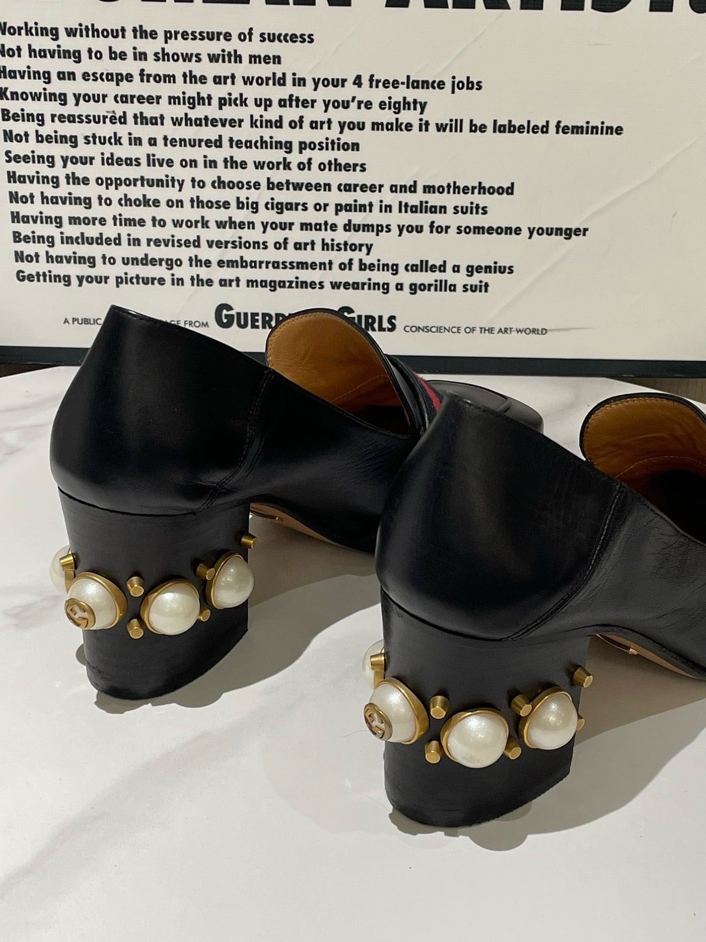 GLM-- Black Leather High Heel Loafer with Pearl Detail Size 37.5