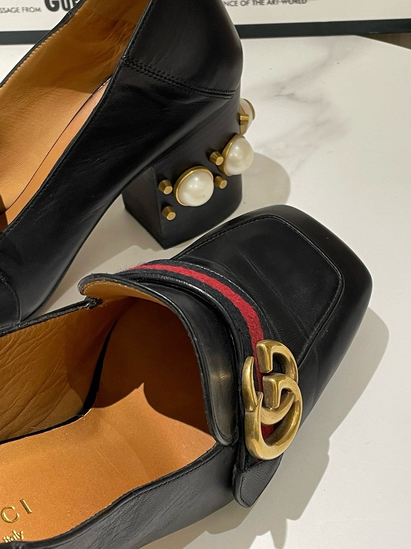 GLM-- Black Leather High Heel Loafer with Pearl Detail Size 37.5
