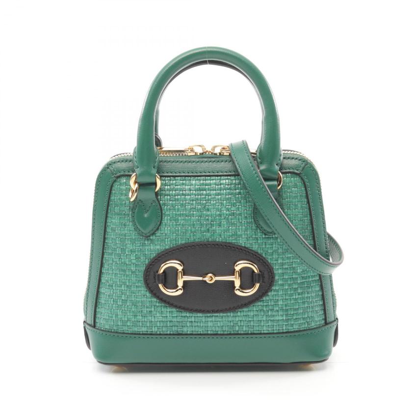 GLM-- Horsebit 1955 Mini Top Handle Bag Green Black Straw Leather 2WAY Handbag