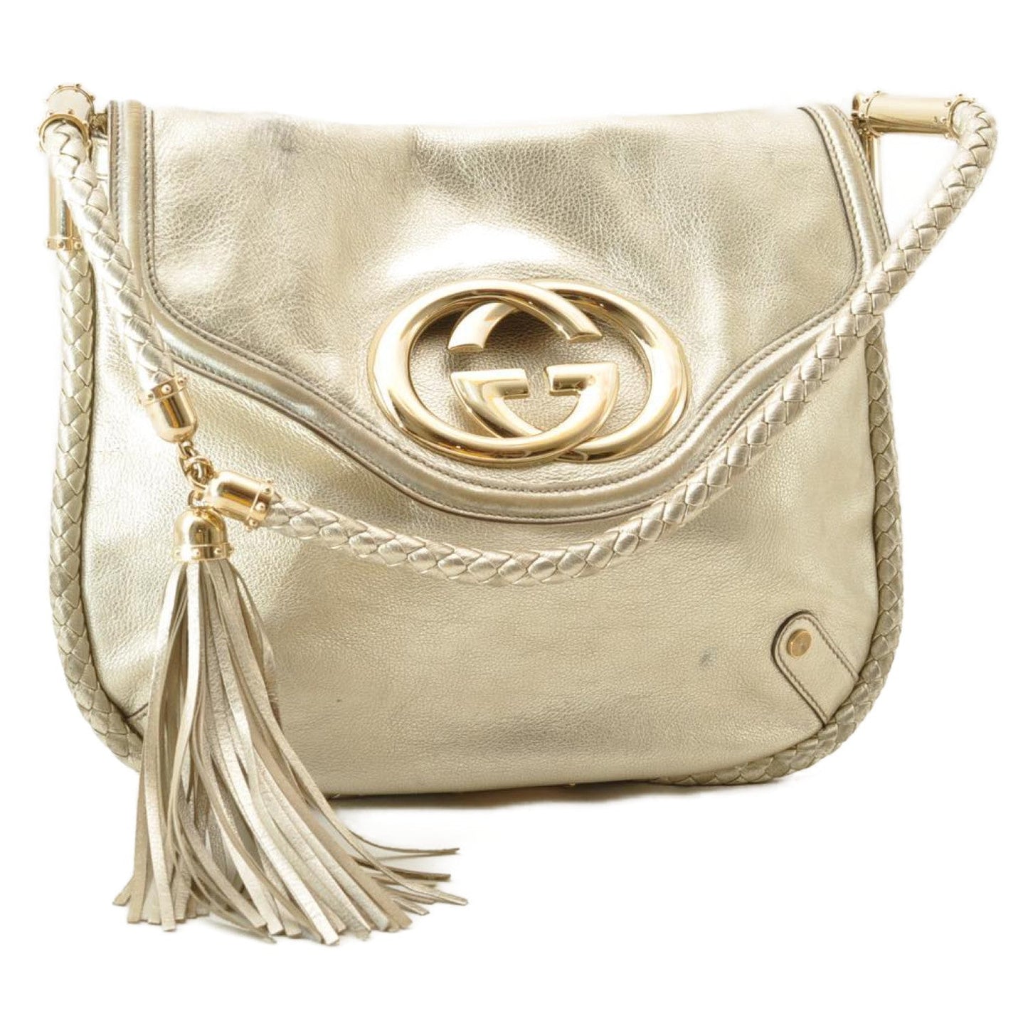 GUCCI Interlocking Fringe Shoulder Bag Leather Champagne Gold 167732 rd106