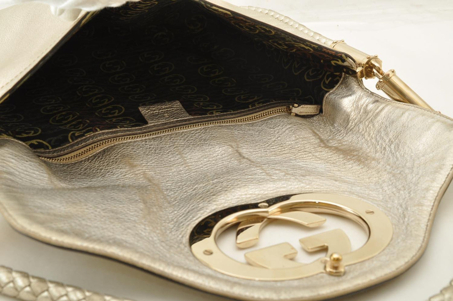 GUCCI Interlocking Fringe Shoulder Bag Leather Champagne Gold 167732 rd106