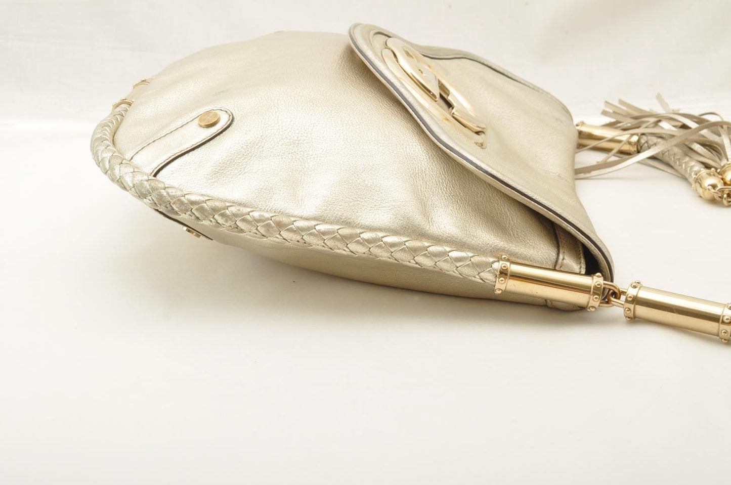 GUCCI Interlocking Fringe Shoulder Bag Leather Champagne Gold 167732 rd106