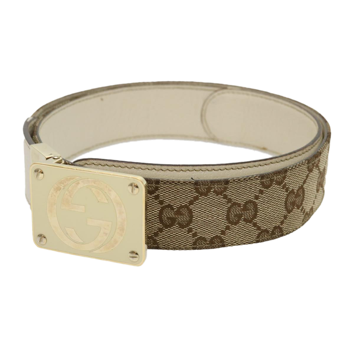 GUCCI GG Canvas Belt Leather Beige White rd2130