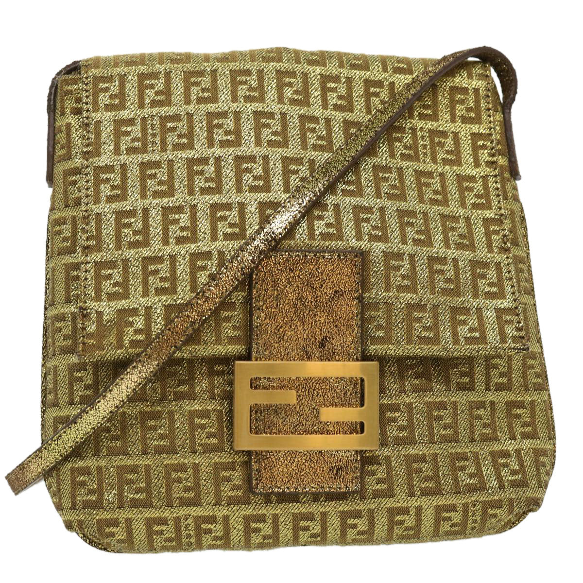 FENDI Zucchino Canvas Shoulder Bag Gold rd2792
