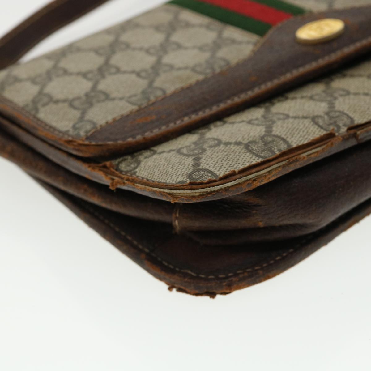 GUCCI Web Sherry Line GG Canvas Shoulder Bag PVC Leather Beige Green rd3964