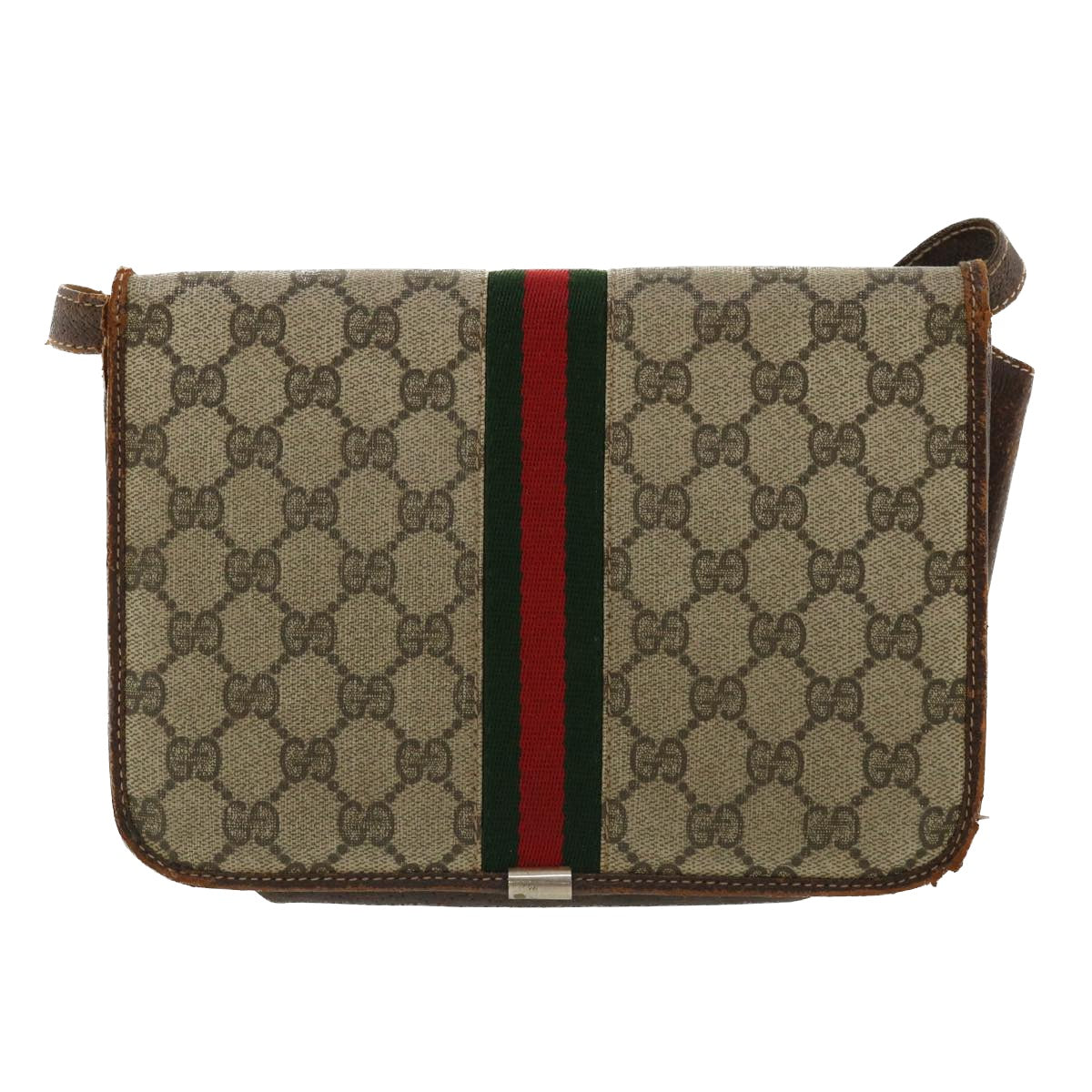 GUCCI Web Sherry Line GG Canvas Shoulder Bag PVC Leather Beige Green rd3964