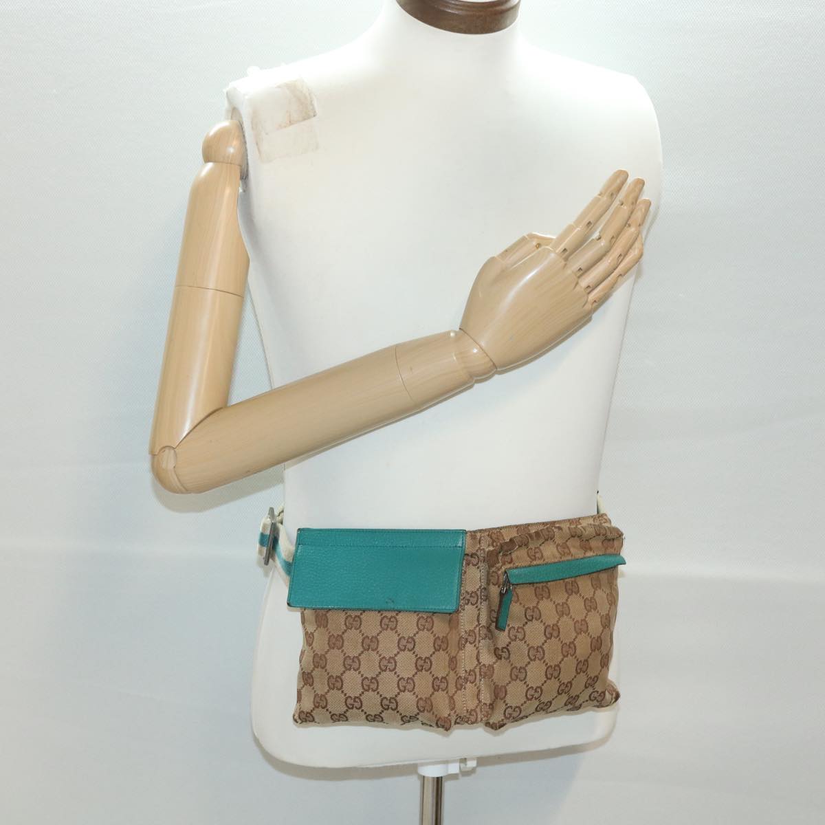 GUCCI Sherry Line GG Canvas Waist Bag Beige Turquoise Blue 28566 rd4355