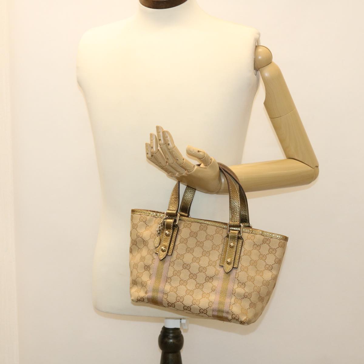 GUCCI Sherry Line GG Canvas Hand Bag Beige Gold pink 213041 rd4461