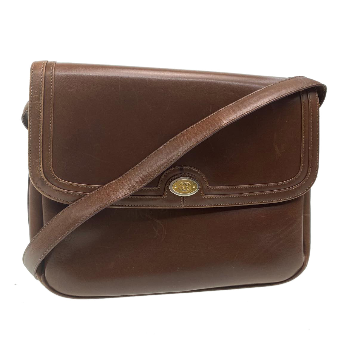 GUCCI Leather Shoulder Bag Brown rd458