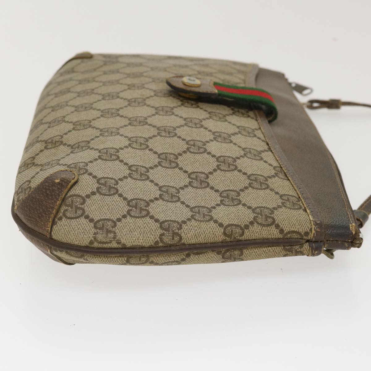 GUCCI GG Canvas Web Sherry Line Shoulder Bag PVC Leather Beige Green rd4793