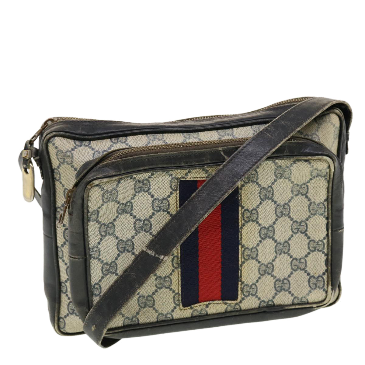 GUCCI GG Canvas Sherry Line Shoulder Bag PVC Leather Gray Red Navy rd4916