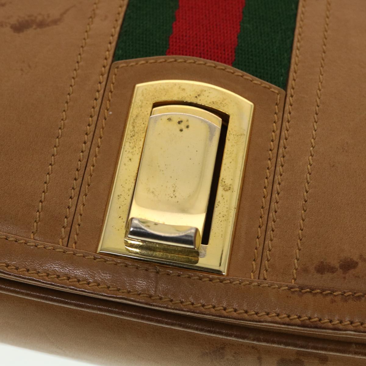 GUCCI Web Sherry Line Shoulder Bag Leather Brown Red Green rd5248