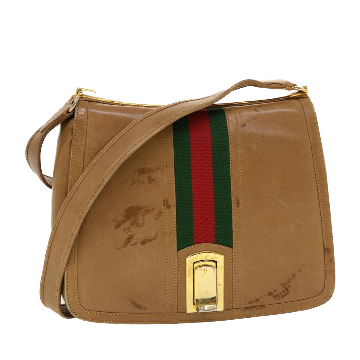 GUCCI Web Sherry Line Shoulder Bag Leather Brown Red Green rd5248
