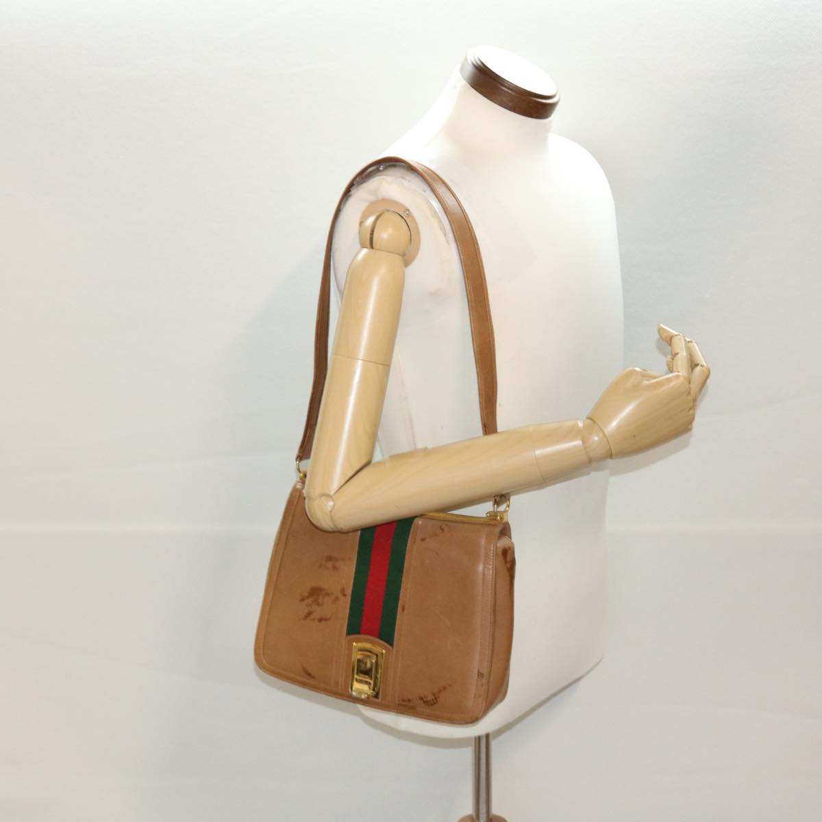 GUCCI Web Sherry Line Shoulder Bag Leather Brown Red Green rd5248