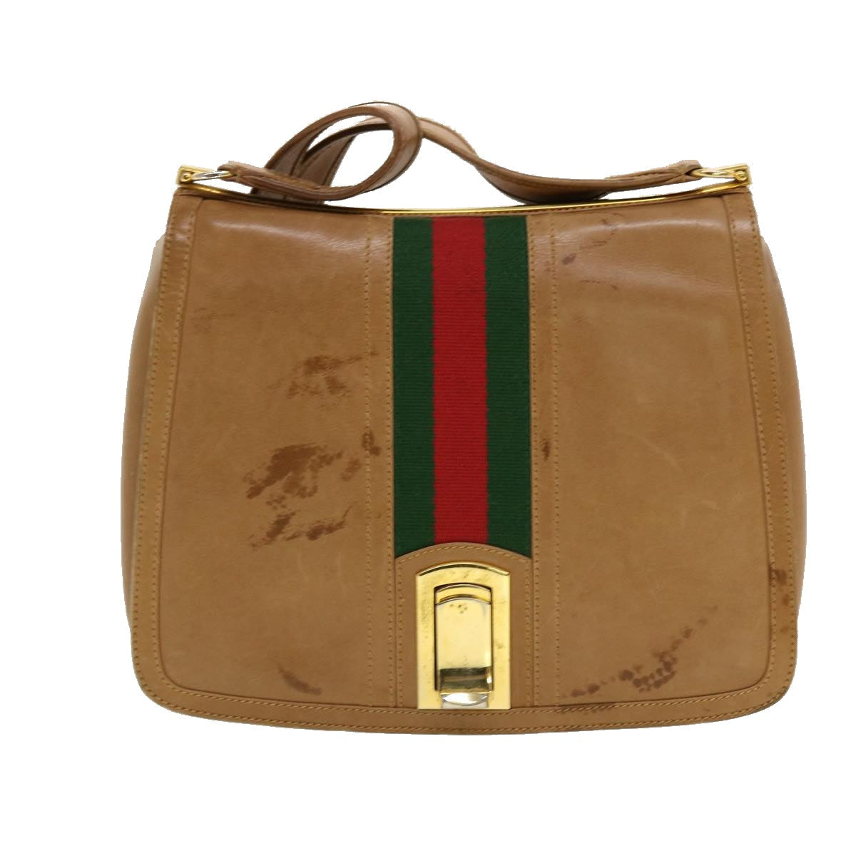 GUCCI Web Sherry Line Shoulder Bag Leather Brown Red Green rd5248
