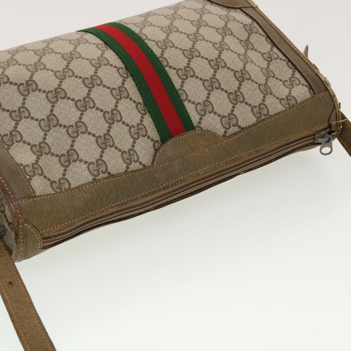 GUCCI GG Canvas Web Sherry Line Shoulder Bag PVC Leather Beige Green rd5263