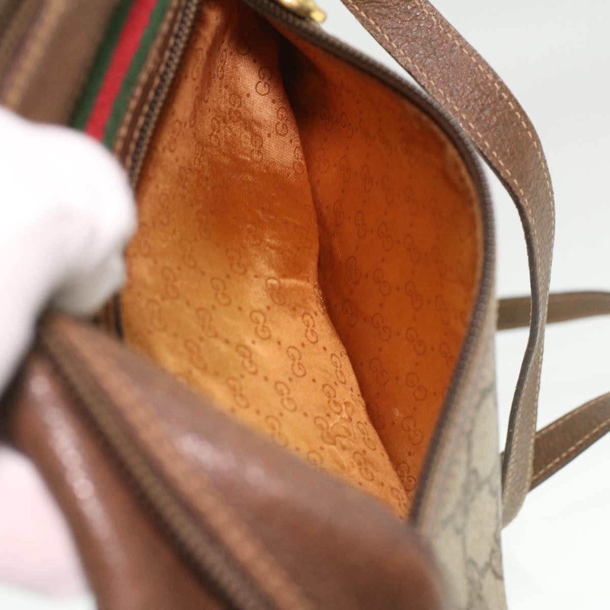 GUCCI Web Sherry Line GG Canvas Shoulder Bag PVC Leather Beige Green tb446