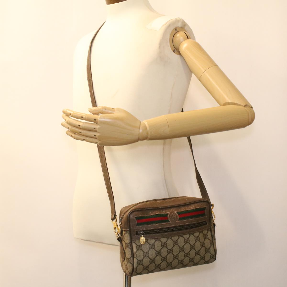 GUCCI Web Sherry Line GG Canvas Shoulder Bag PVC Leather Beige Green tb446