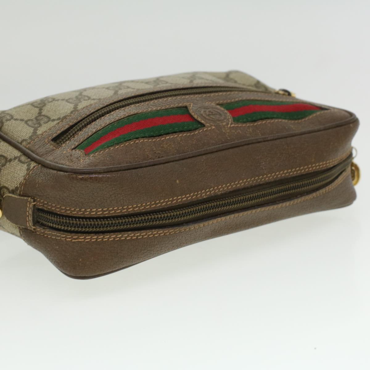 GUCCI Web Sherry Line GG Canvas Shoulder Bag PVC Leather Beige Green tb446
