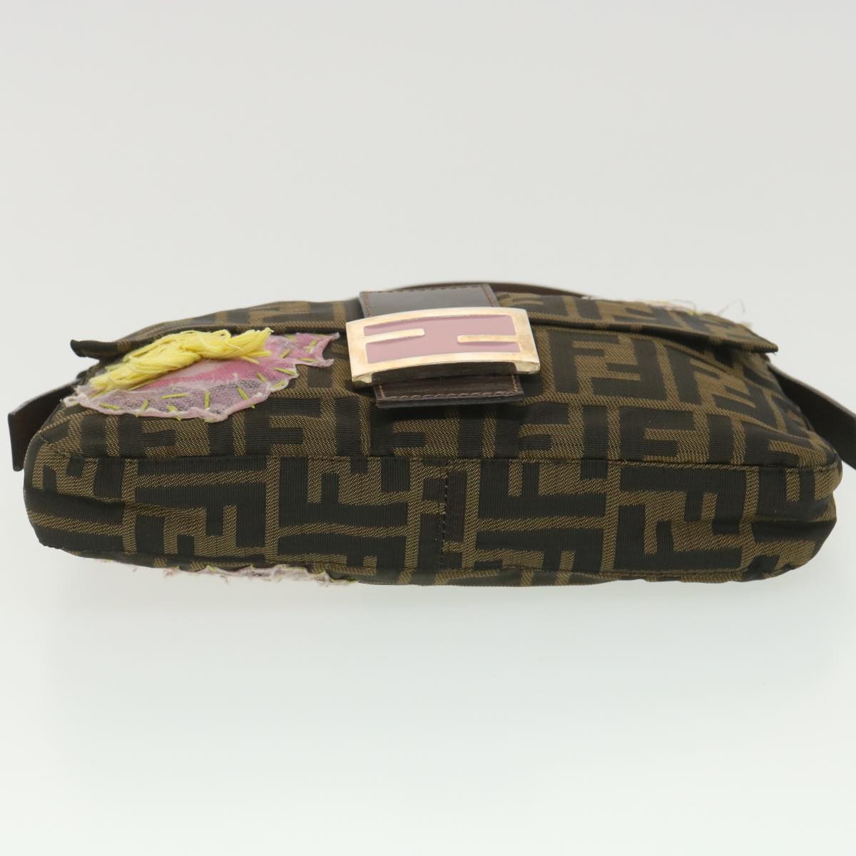 FENDI Zucca Canvas flower embroidery Mamma Baguette Shoulder Brown tb552