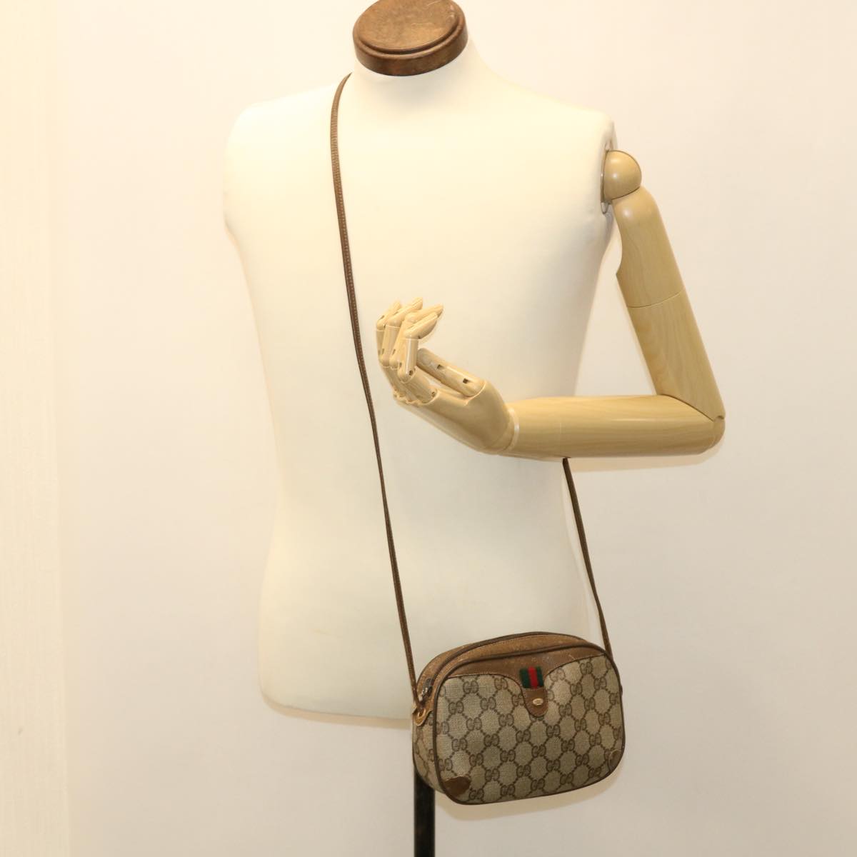 GUCCI GG Canvas Web Sherry Line Shoulder Bag PVC Leather Beige Red th3355