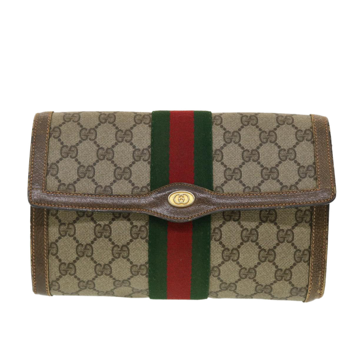 GUCCI GG Canvas Web Sherry Line Clutch Bag Beige Red Green 8901006 th3548