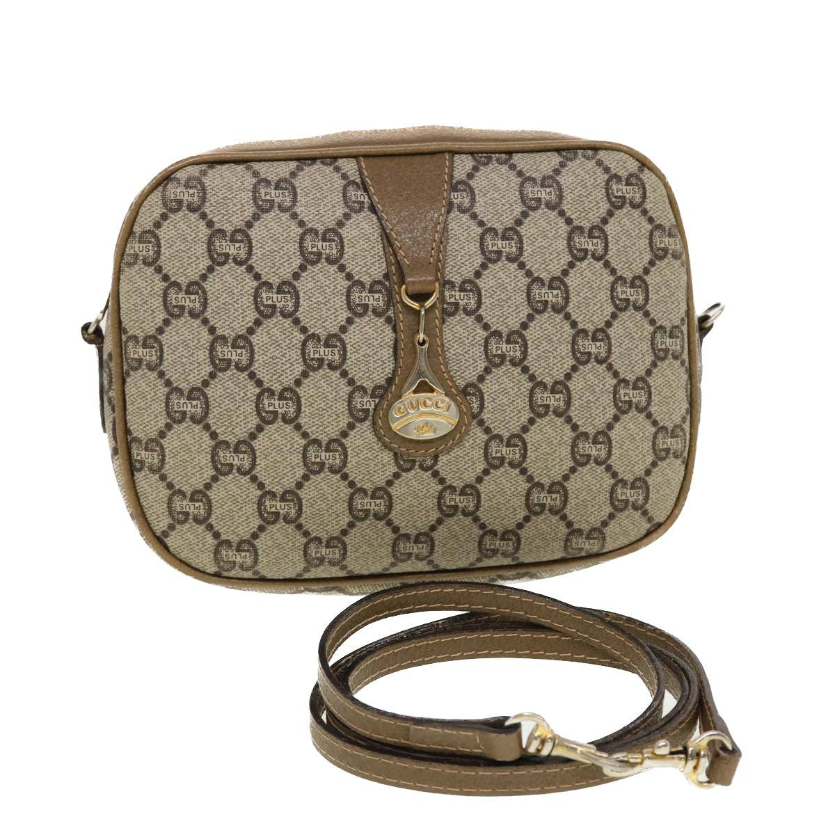 GUCCI GG Plus Canvas Shoulder Bag PVC Leather Beige th3682